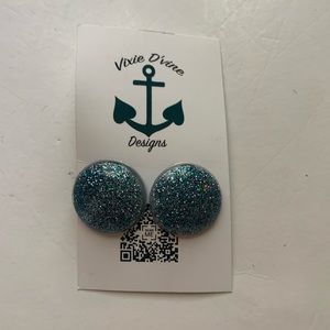 Dark teal glitter circle earrings (1632)